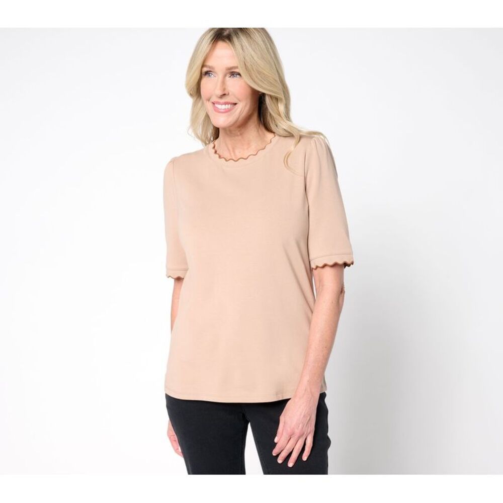 Top Knot Women's Plus Sz 1X Knit Crewneck Elbow Sleeve Scallop Trim Pink